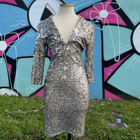 ASOS Design TFNC Body-Conscious Sequin Dress With Plunge Neckline Size US M - Picture 4 of 7